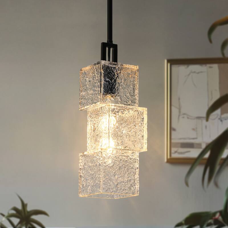 Modern Farmhouse 1-Light Kitchen Island Pendant Light Water Textured Rectangle Shade for Dining Room