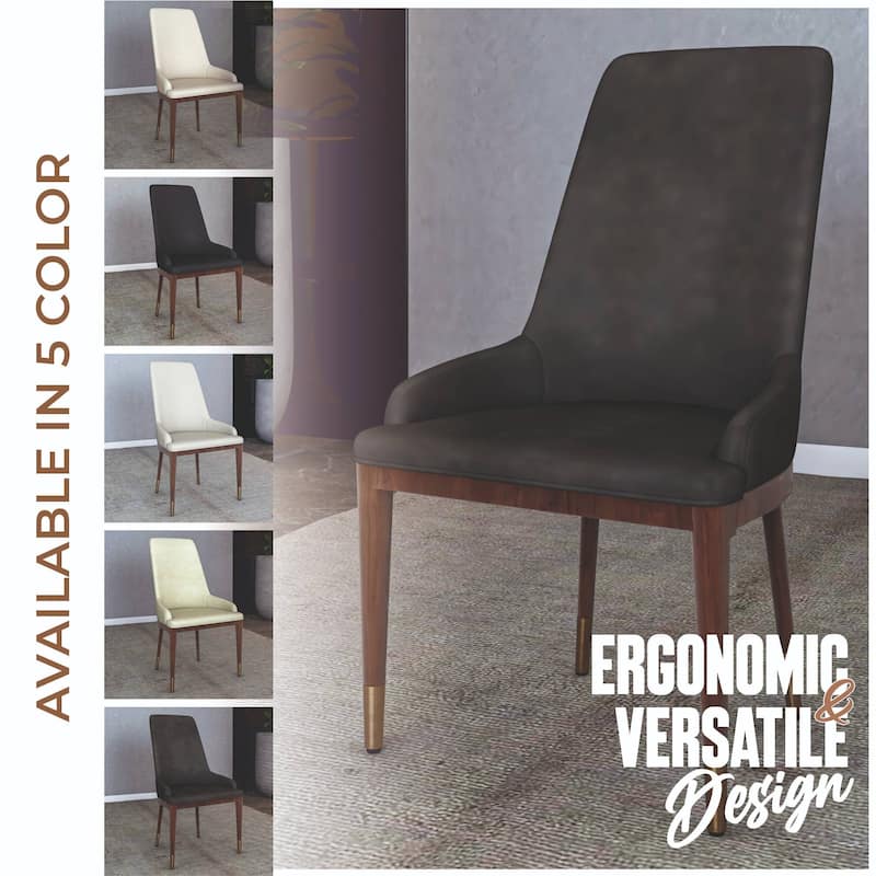 Dining Chair Upholstered in Leather with Rubberwood Frame Set of 2 Side Chair High Back and Gold Accent Legs
