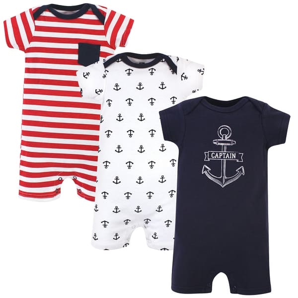 slide 1 of 1, Hudson Baby Infant Boy Cotton Rompers 3pk, Captain 0 - 3 Months - Blue/Red