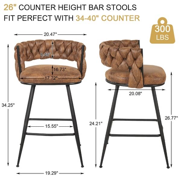 dimension image slide 2 of 5, Javlergo Set of 2/4/6 Counter Height Bar Stools 26.77" Upholstered Woven Back Bar Chairs with Armrests and Footrest