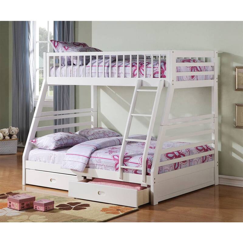 Twin over Full Size Solid Wood Bunk Bed with Ladder and Fence for Bedroom - White