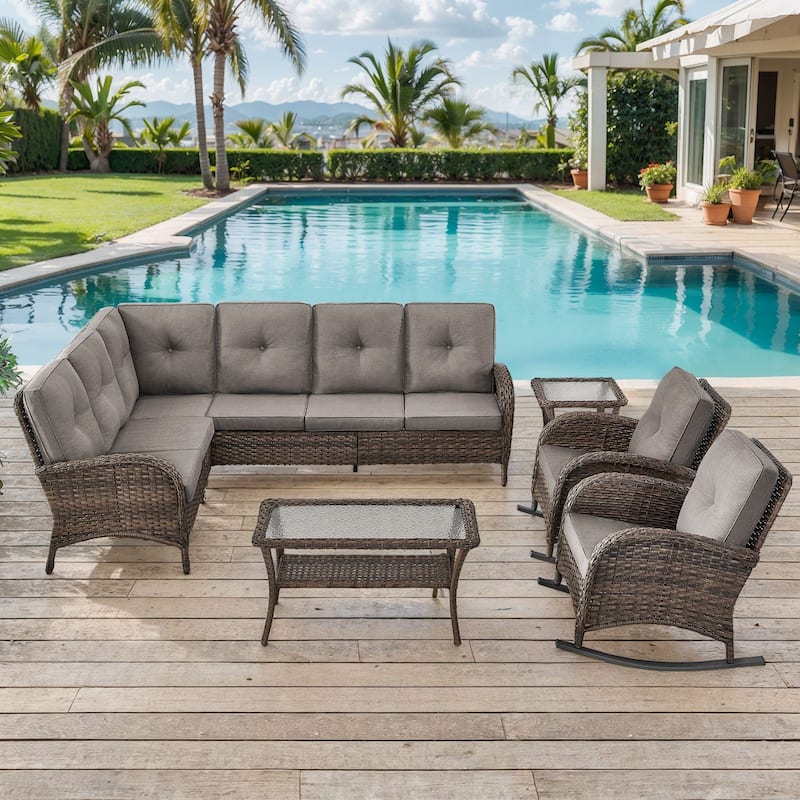 Outdoor Sectional Sofa with Cushion Funiture Set - Brwon Wicker Grey Cushion - 6PCS Sectional Sofa w/ Rocker Chair