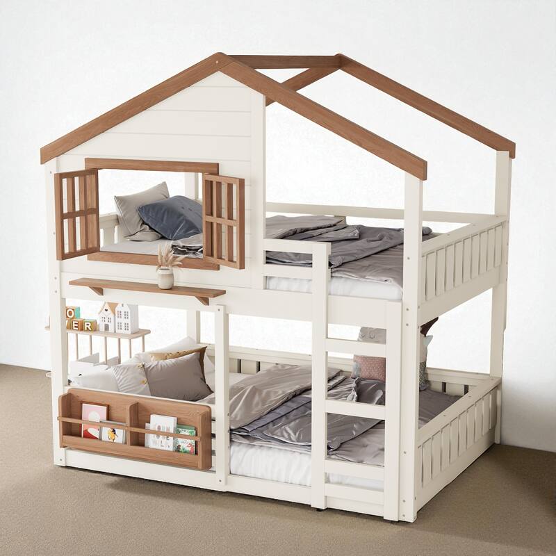 Twin/Full House Bunk Bed with Bookshelf, Safety Fence, Ladder and Loft Play Area, Wooden Kids Bed Frame