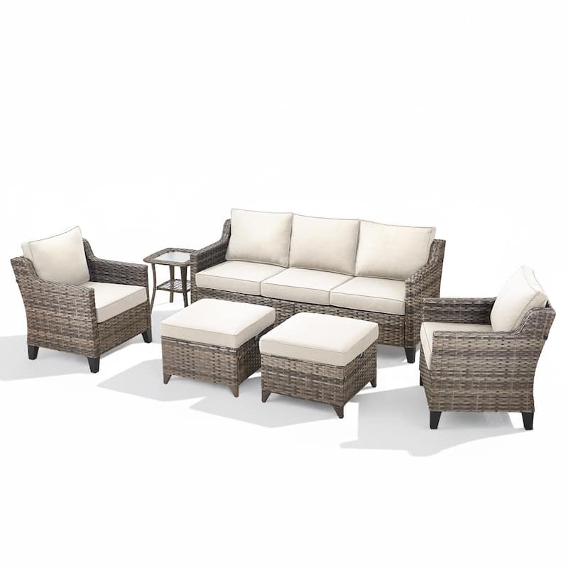 Glissia 6-Piece Gray Wicker Patio Seating Set with Cushions and Ottomans