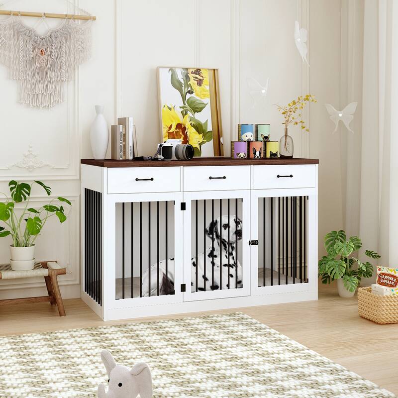 Furniture Style Dog Crate with Storage Drawers, Large Dog Kennel Cabinet with Wood Top, Double Door Pet Crate End Table