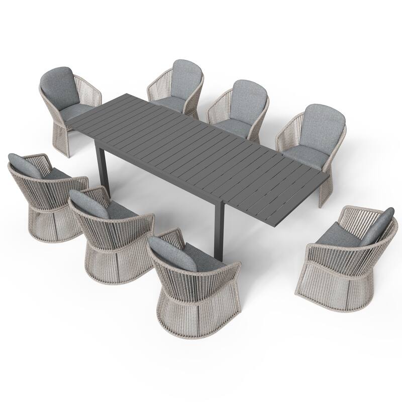 Outdoor Patio Dining Sets with Rattan Chairs and Aluminum Extendable Dining Table for 8 Persons