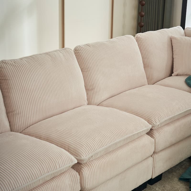 Modern Corduroy Sofa with Spring Supported Cushions and Pillows and Wood Frame for Living Room and Guest Room