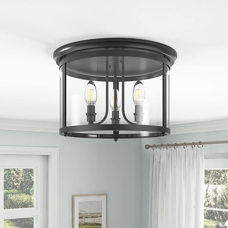 Matte Black 3-Light Candle Style Drum Shape Flush Mount Ceiling Lamp with Glass Shade - Black