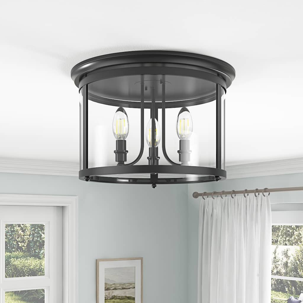 Matte Black 3-Light Candle Style Drum Shape Flush Mount Ceiling Lamp with Glass Shade