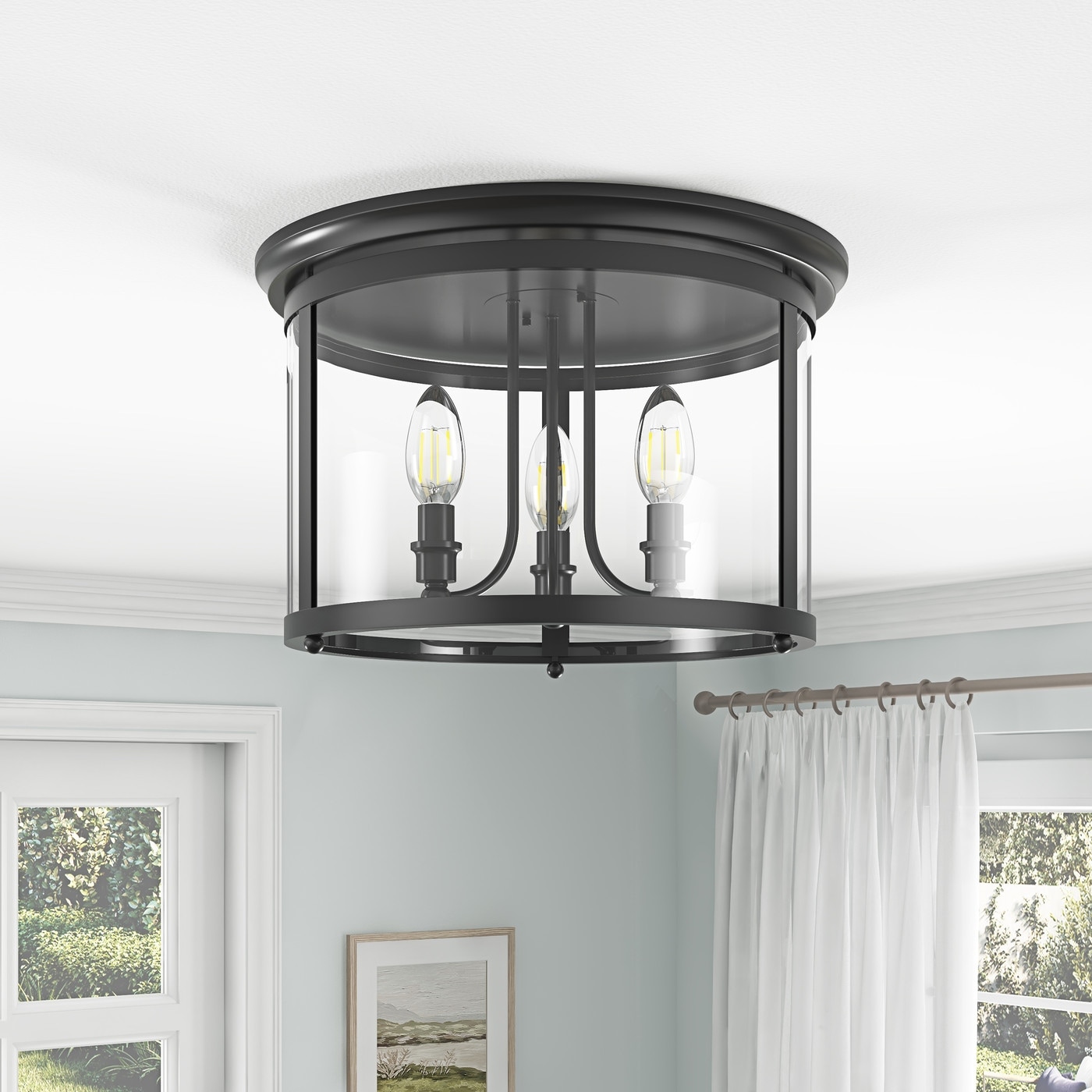 Matte Black 3-Light Candle Style Drum Shape Flush Mount Ceiling Lamp with Glass Shade