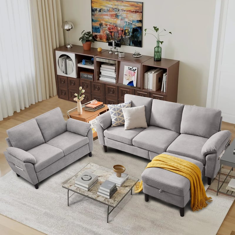 3-Piece Living Room Sectional Sofa Set with Loveseat and Ottoman - Light Grey