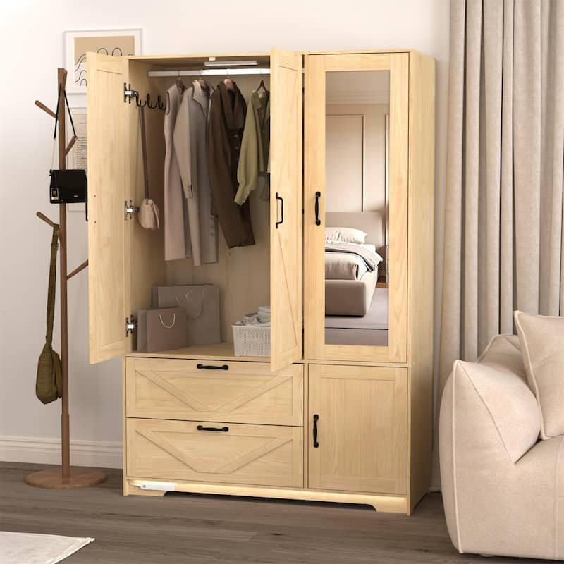 4-Door Wardrobe with LED Lights, Mirror, and 2 Drawers - Natural