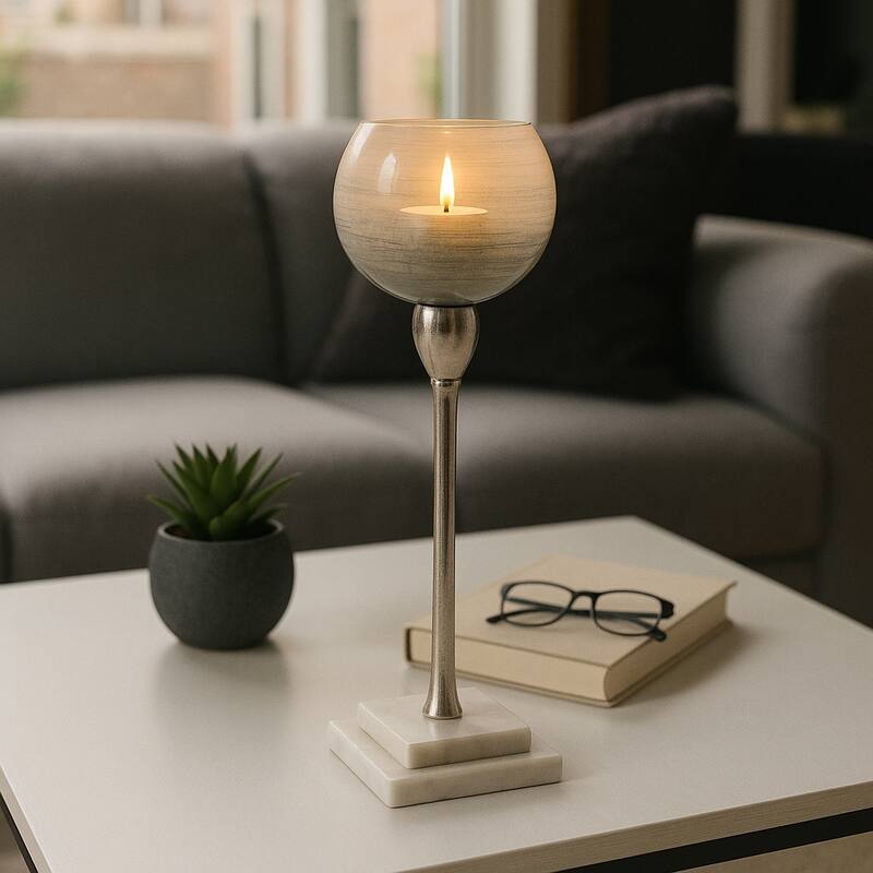 Glass Votive Candle Holder on Marble Stand - Silver
