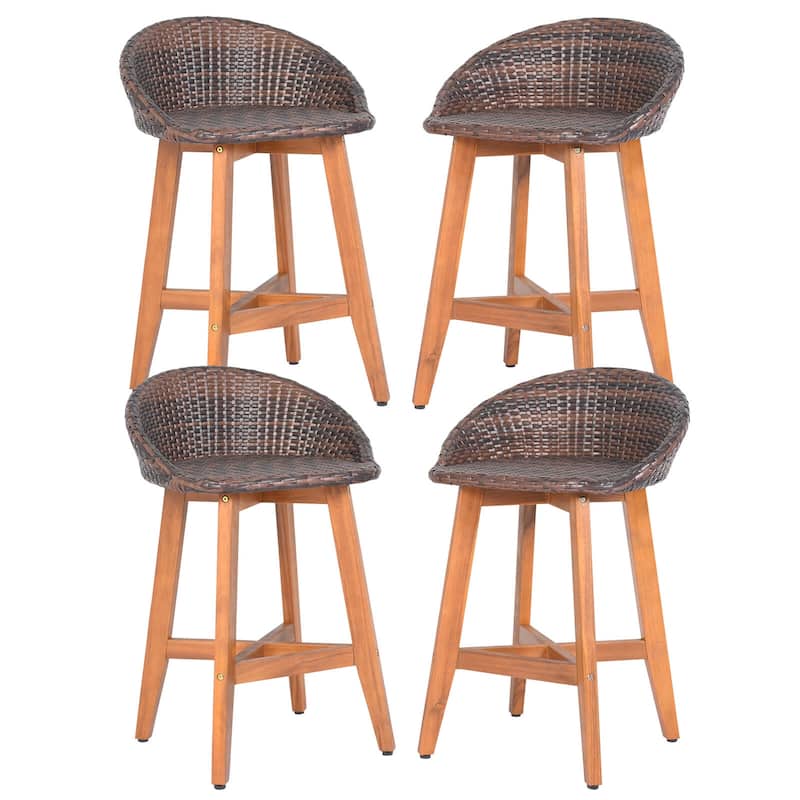 Costway Outdoor Faux Rattan Bar Chairs Set of 2/4 Solid Acacia Wood - See Details - Brown-4 PCS