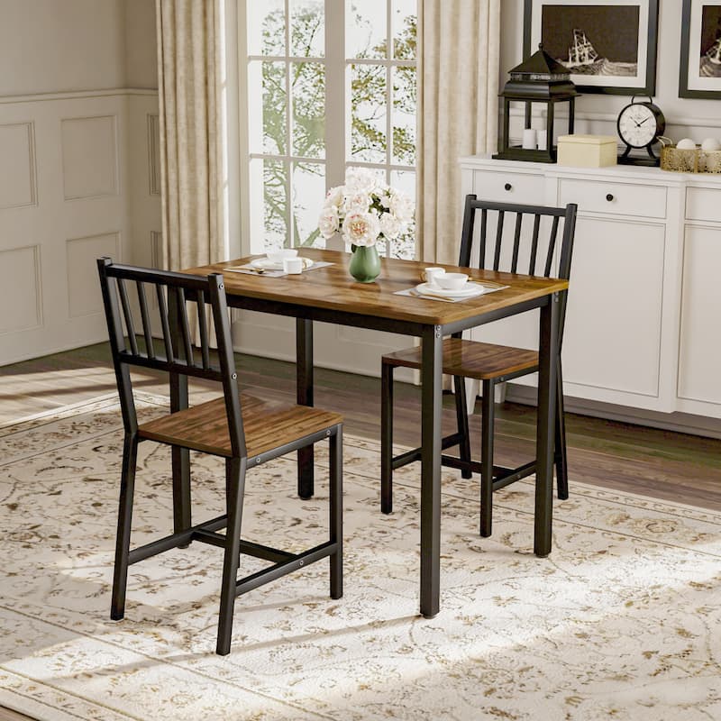 Anmytek Industrial 3 Piece Dining Set Walnut Wood Table with 2 Chairs Space Saving Breakfast Bar for Kitchen and Small Spaces