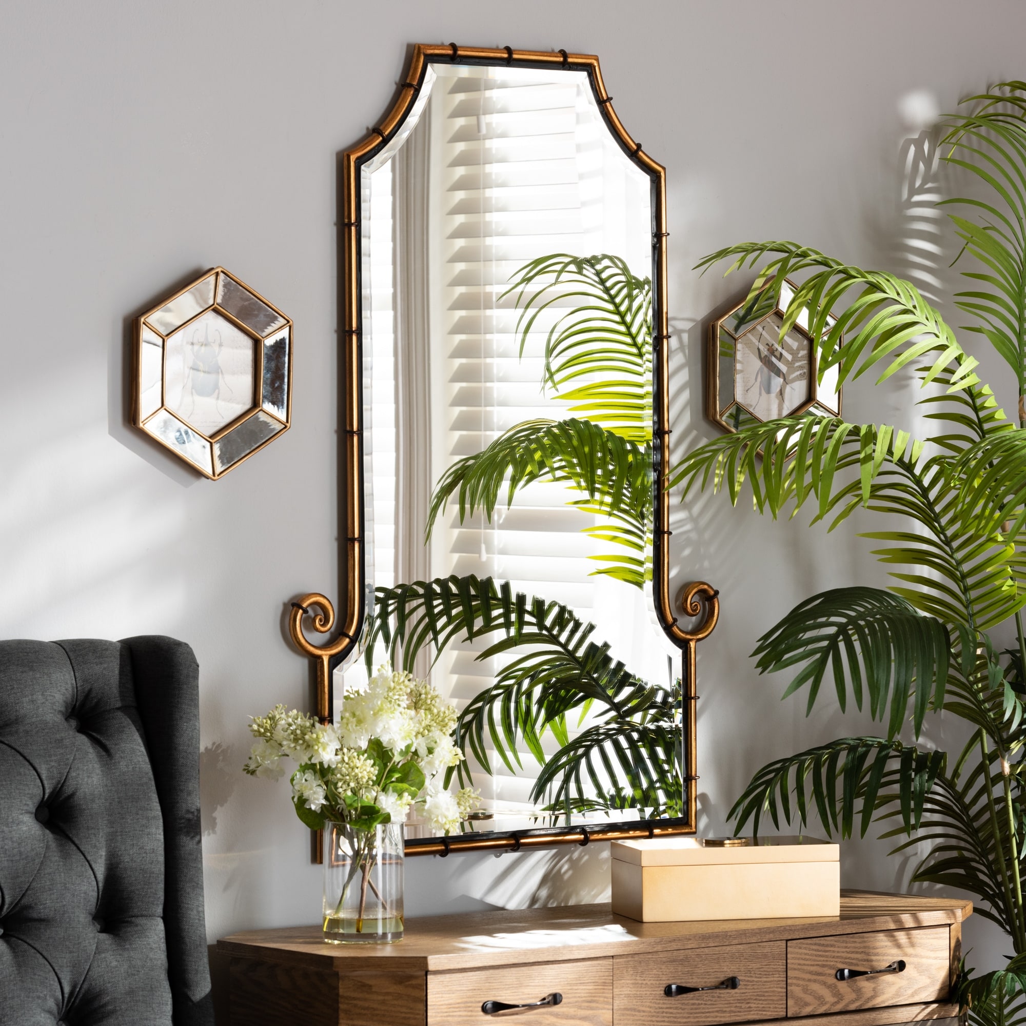 Layan Gold Finished Metal Bamboo Inspired Accent Wall Mirror