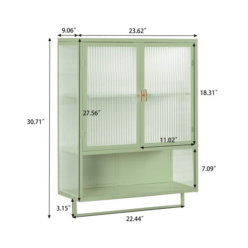 23.62" Modern Fluted Glass Wall Cabinet with Two Doors, Open Shelf & Towel Rack