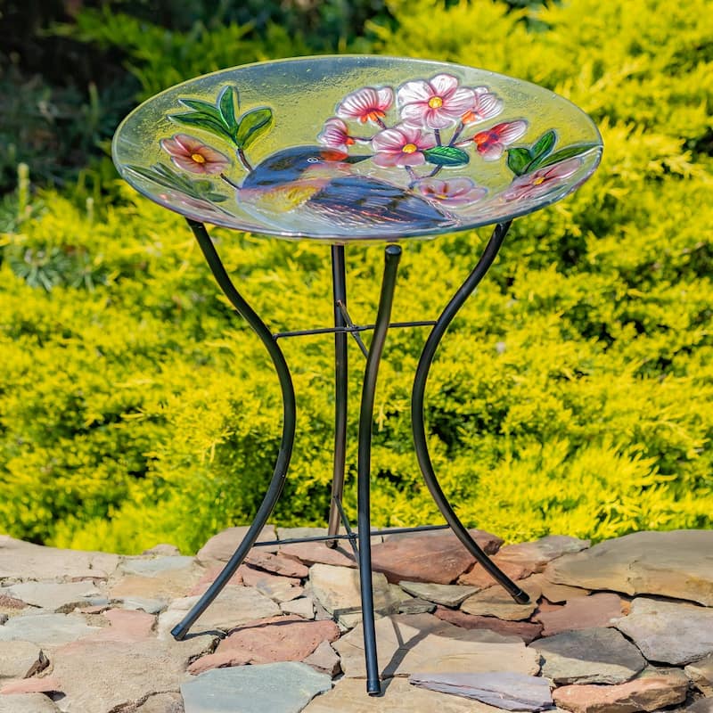 18" Glass Bowl Robin Birdbath with Metal Stand "Michigan"