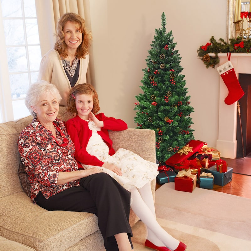 Gymax 4.5Ft Pre-Lit Pencil Christmas Tree Hinged Artificial Slim Tree - See Details