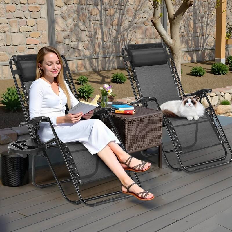 Set of 2 Folding Reclining Lounge Chair, Outdoor Zero Gravity Recliner W/Side Tray & Detachable Headrest Pillow