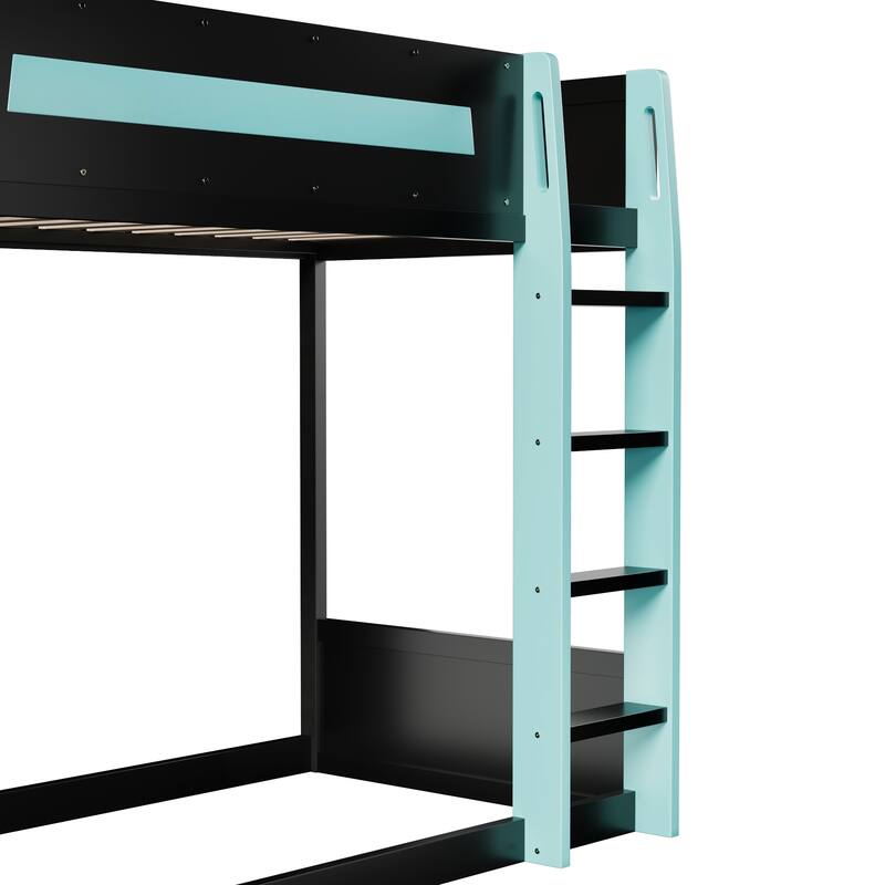 Roomfitters Twin/Full Over Twin Wooden Gaming Bunk Bed with Desk and LED Lights