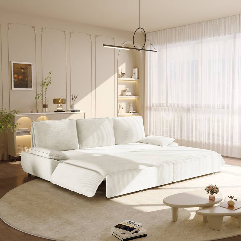 94.5" King Size Corduroy Sleeper Sofa with Pull-Out Bed, 3-in-1 Convertible Design