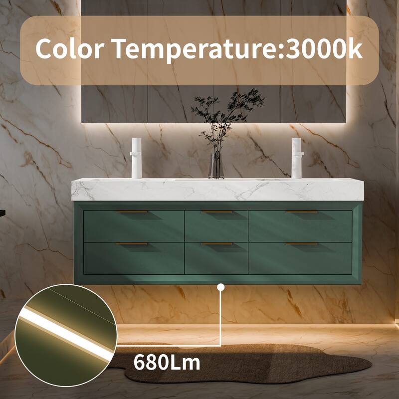 Modland 60" Modern Floating Bathroom Vanity with Double Sink, Soft-Close Drawers, White Stone Countertop