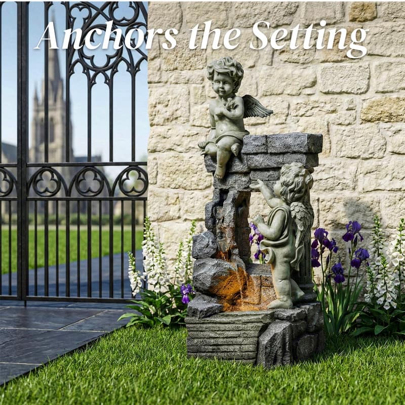 Angel Style Tiered Water Fountain with Water Curtain and LED Lights for Patio Decor