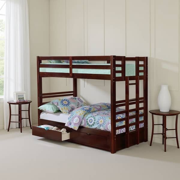 slide 2 of 6, Batu Twin Over Twin Bunk Bed, Brown Wood Extendable, 2 Storage Drawers