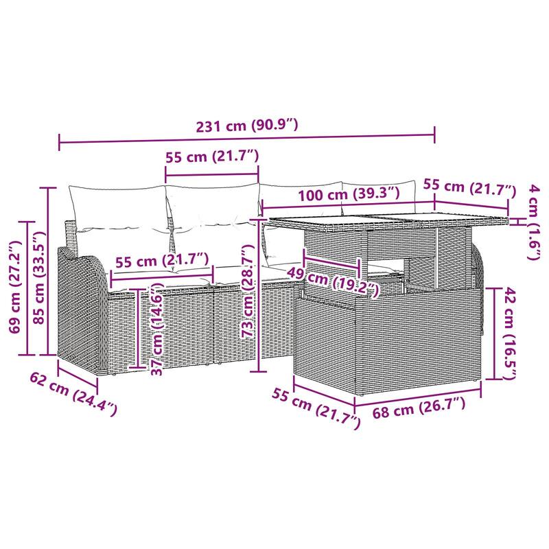 vidaXL 5 Garden Sofa Set with Cushions Black/Brown/Grey Poly Rattan - 90.9 x 24.4 x 27.2