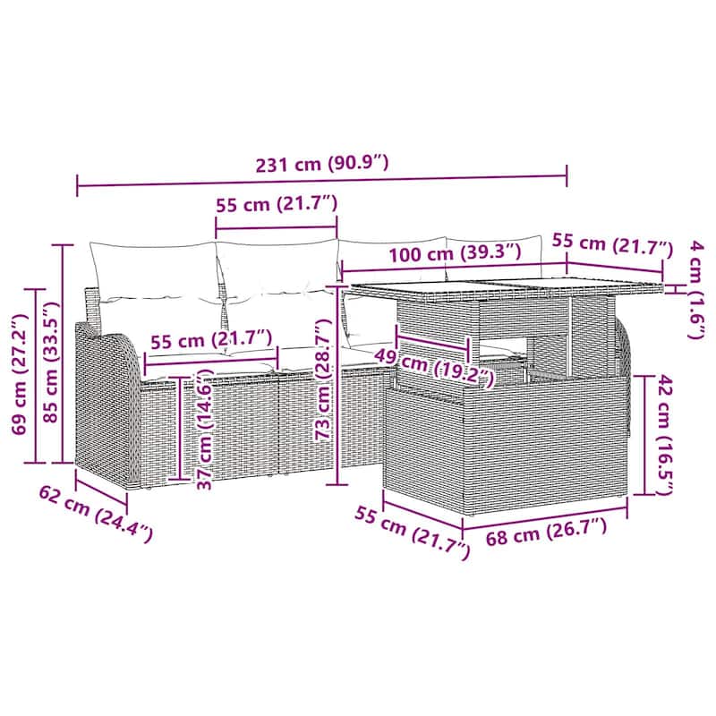 vidaXL 6 Garden Sofa Set with Cushions Black/Brown/Grey Poly Rattan - 90.9 x 24.4 x 27.2