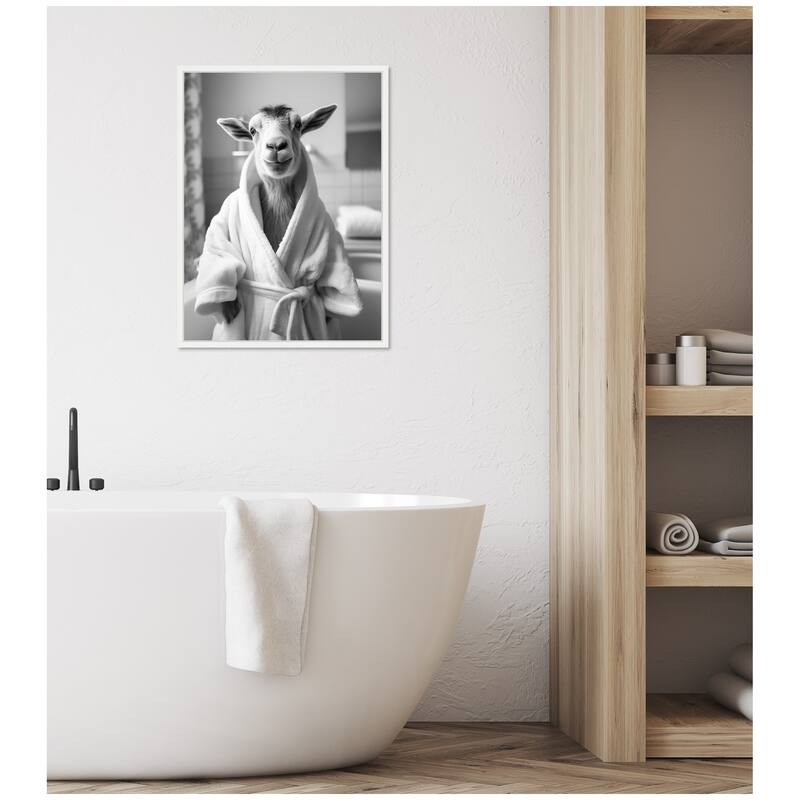 Kate and Laurel Sylvie Goat Bathroom Art Towel Robe Black and White Framed Canvas by The Creative Bunch Studio