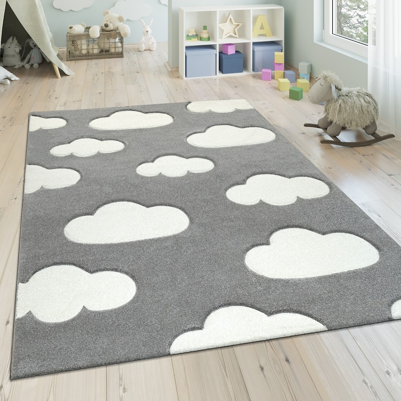 Kids Rug with Clouds in Pastel Colors for Children's Room or Nursery - 6'7" Round - grey