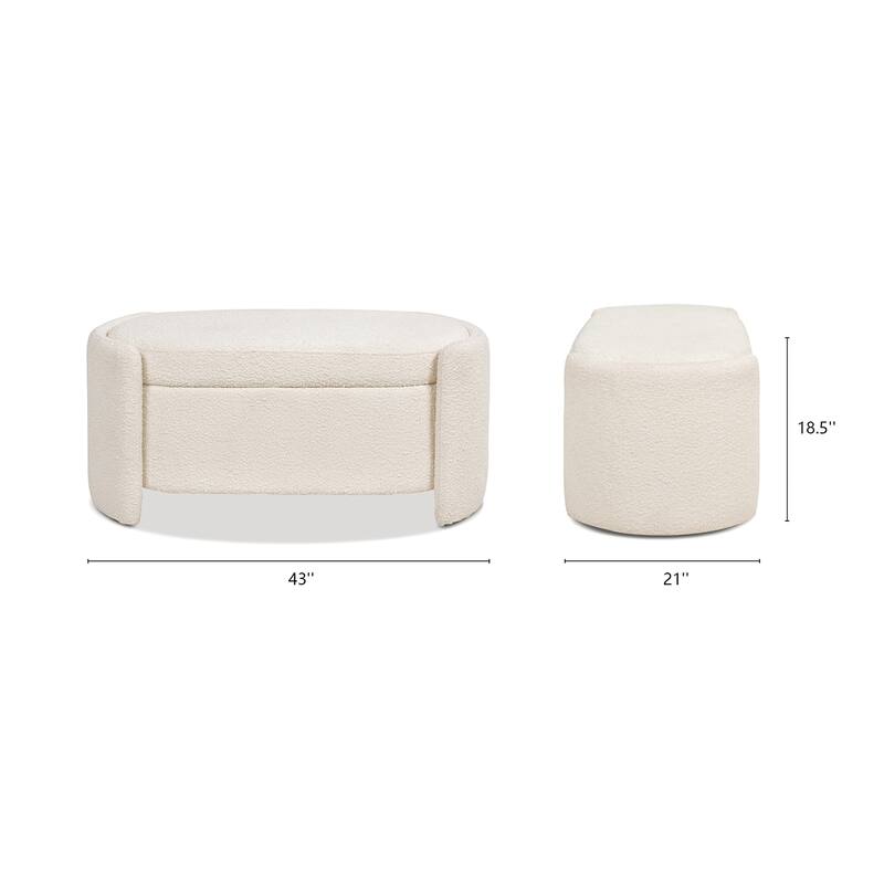 Fuji 43" Ivory White Boucle Sherpa Upholstered Oval Storage Bench - 43"W X 21"D X 18.5"H
