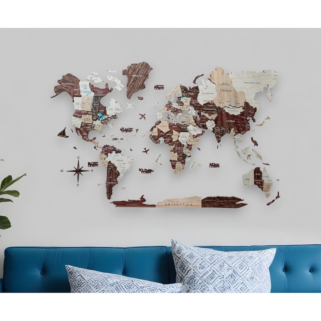HomeRoots 35" X 59" Brown and Beige Wood World Map Hanging Dimensional Sculpture