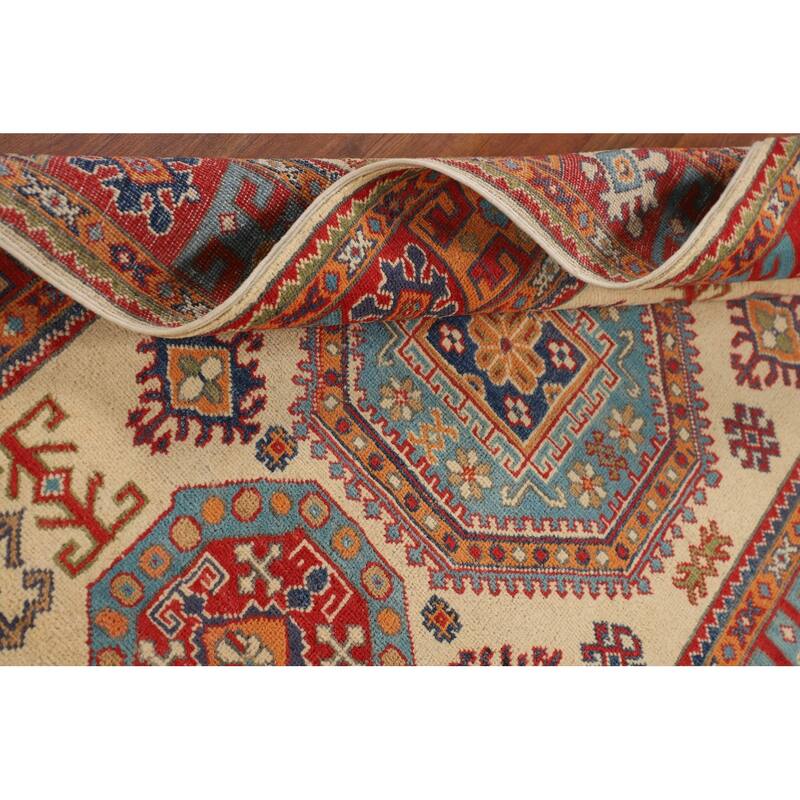 Geometric Beige Kazak Foyer Rug Hand-Knotted Oriental Wool Carpet - 4'0" x 5'11"