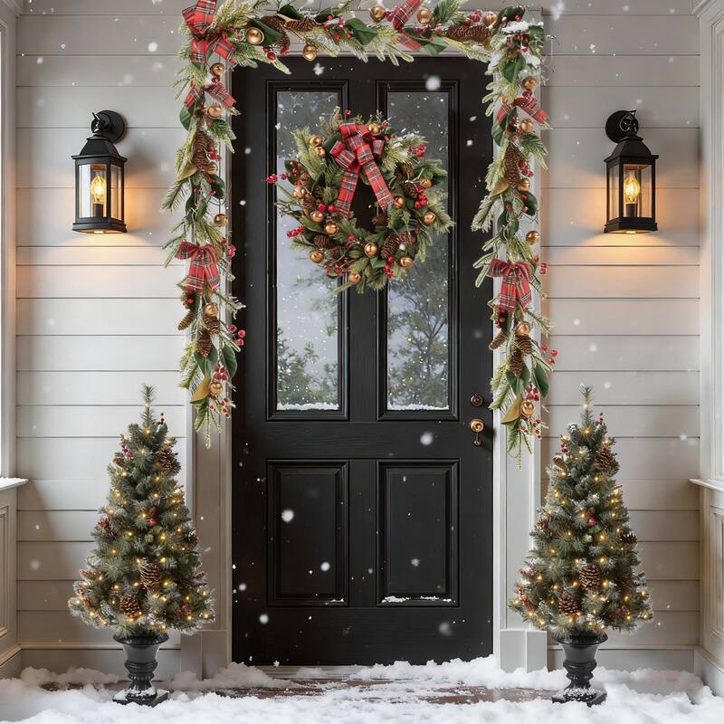 Glitzhome 4/5ft Pre-Lit Snow Flocked Christmas Tree in Pot, Berry Bow Wreath and Garland Set Xmas Decor