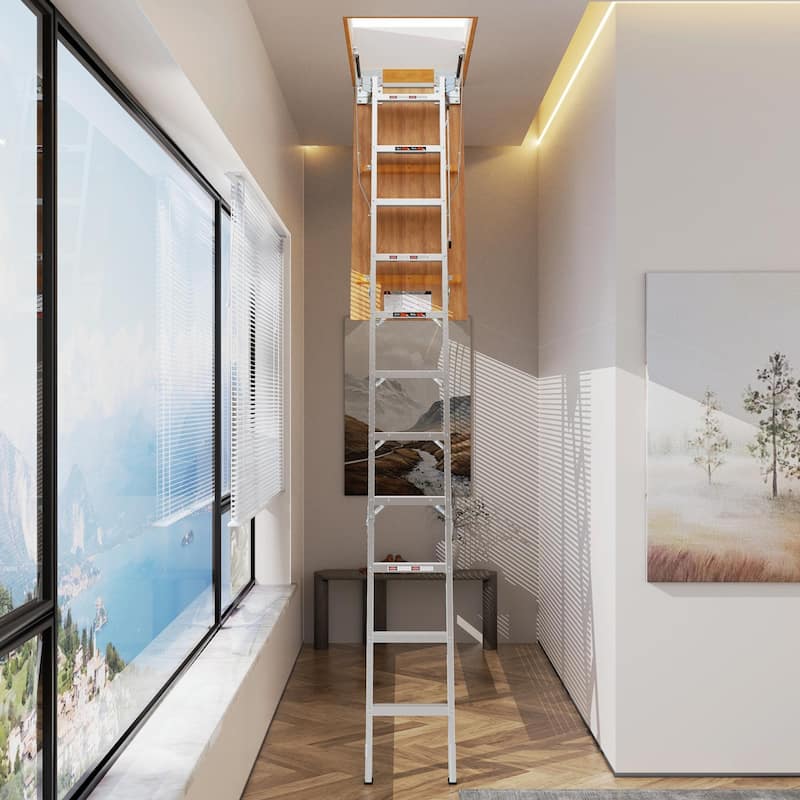 Aluminum Attic Ladder: 350-Pound Capacity, Fits 22 1/2" x 54" Opening, Suitable for 7-10ft Ceilings