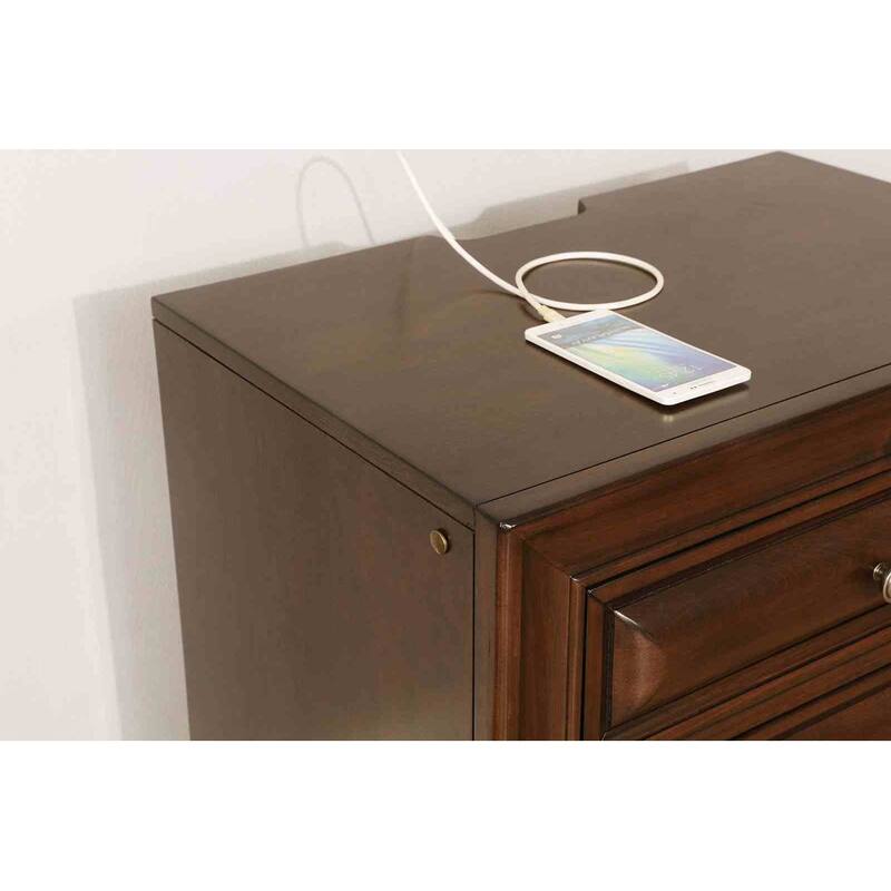 Transitional Brown Cherry Finish 4 Piece Bedroom Set Storage Bed with USB Nightstand