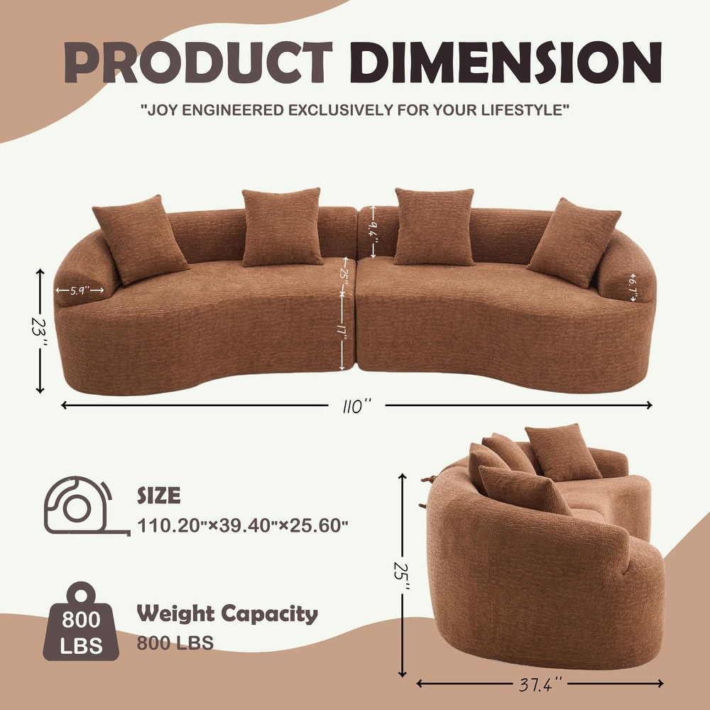 Modular Curved Sectional Sofa, Full Compression 4-Seater Foam Couch, Chenille Boneless Cloud Sofa for Living Room, Bedroom