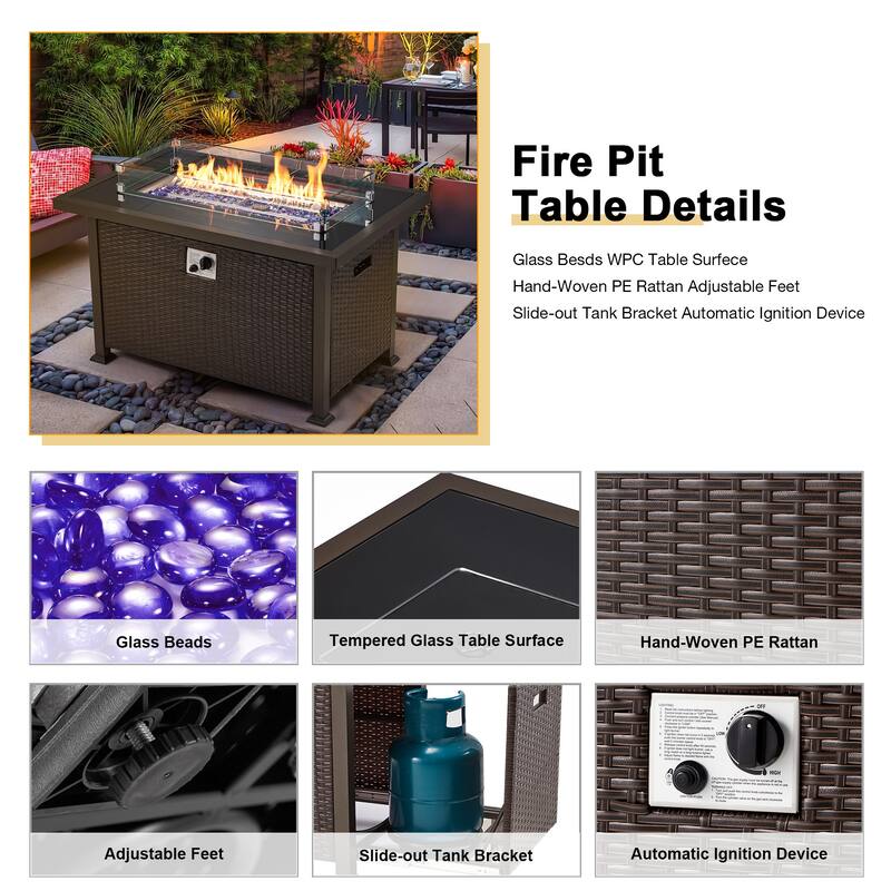 6-Piece Rattan Patio Set with Fire Pit Table, Outdoor Conversation Set with Cushions, Weather-Resistant Sofa Sectional