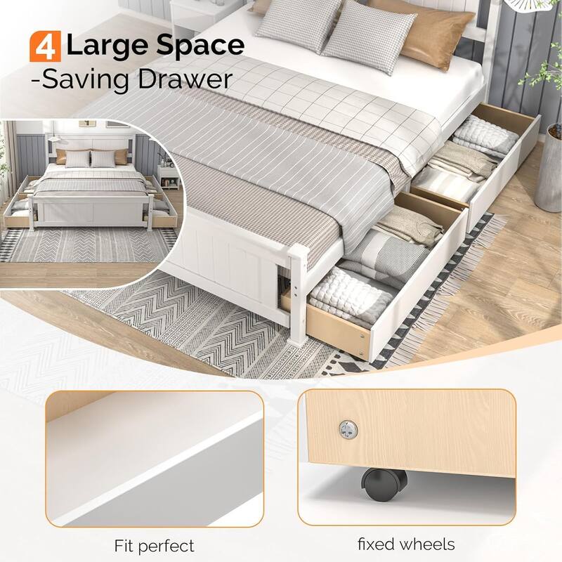 Wood Twin Size Bed Frame with 4 Storage Drawers, Solid Wood Platform Bed with Headboard