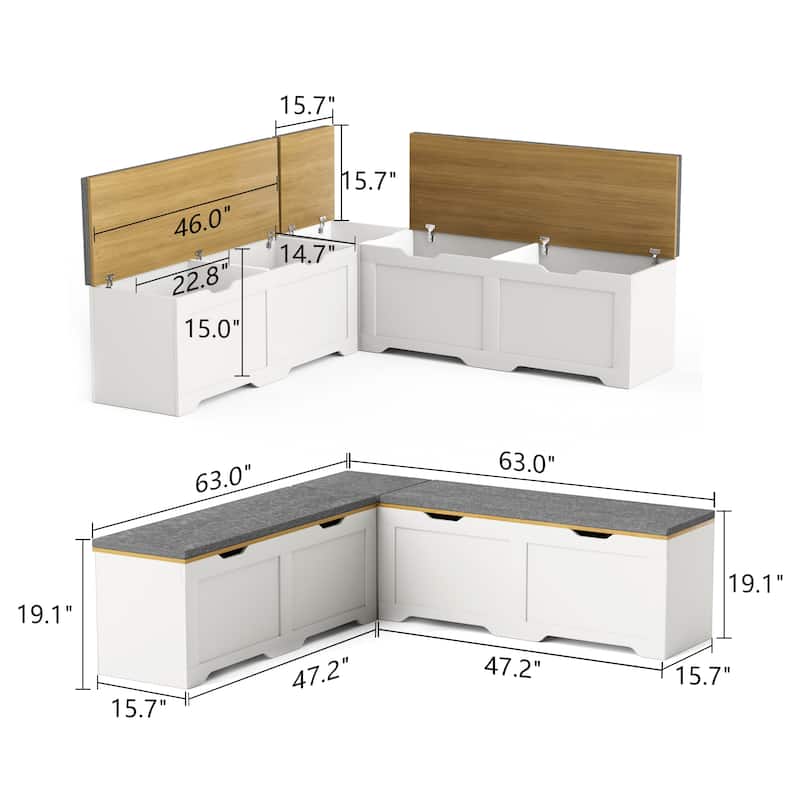 3-Piece L-Shaped Storage Bench with Cushion for Kitchen Corner, Toy Storage & Reading Nook
