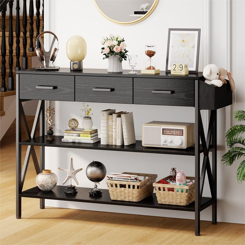 47" Console Table with 3 Tier Storage Shelves, Industrial Entryway Table with 3 Drawers