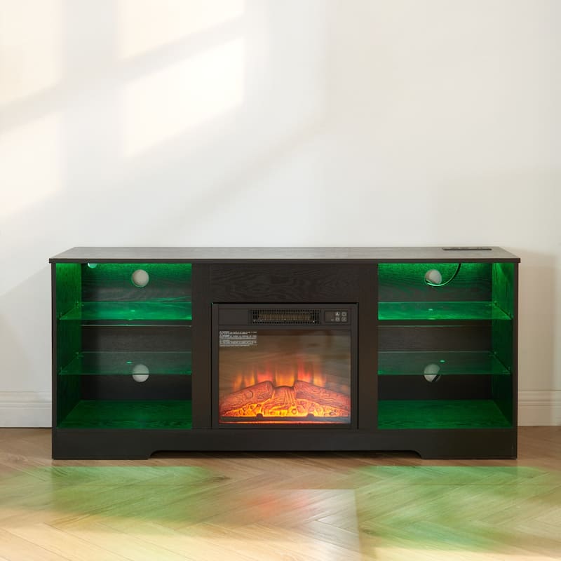 Black 58" Fireplace TV Stand with LED, Glass Shelves & USB for TVs Up to 50"