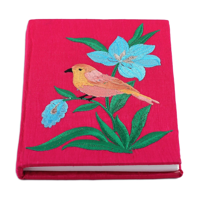 Novica Handmade Natures Cerise Beauty Rayon Embroidered Journal