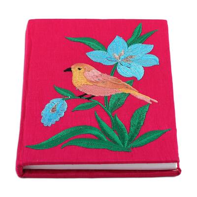 Novica Handmade Natures Cerise Beauty Rayon Embroidered Journal