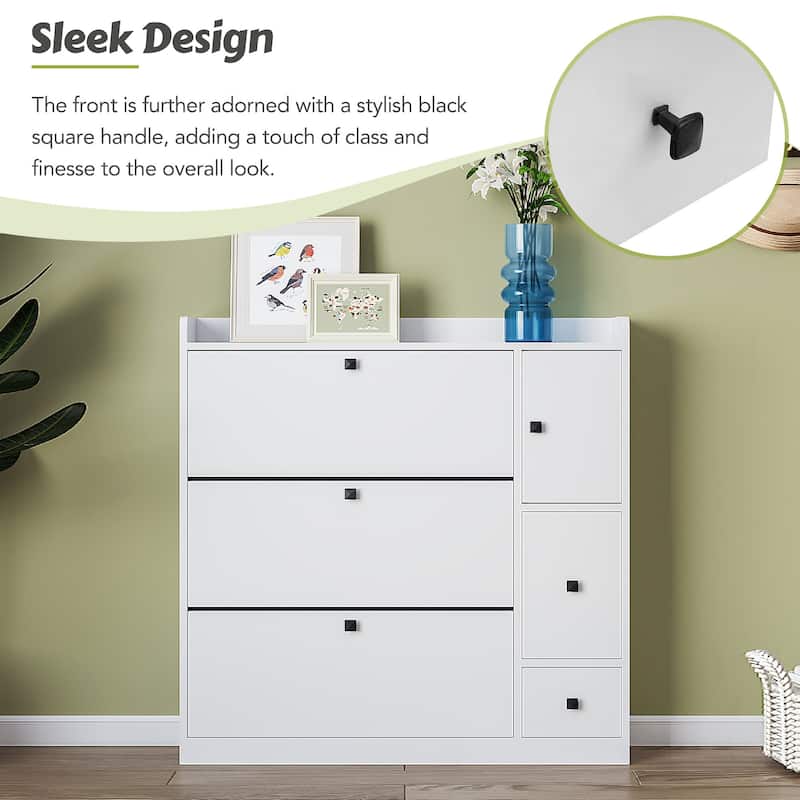 Roomfitters Modern Entryway Shoe Cabinet with Pull-Down Seat, Versatile Tipping Bucket Storage Rack, White