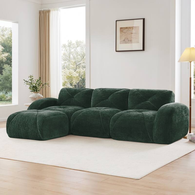 L-shaped Soft Velvet Fabric, Boneless Sofa, Tufted Design, Ergonomic Design Bottom, 32D High Density Sponge