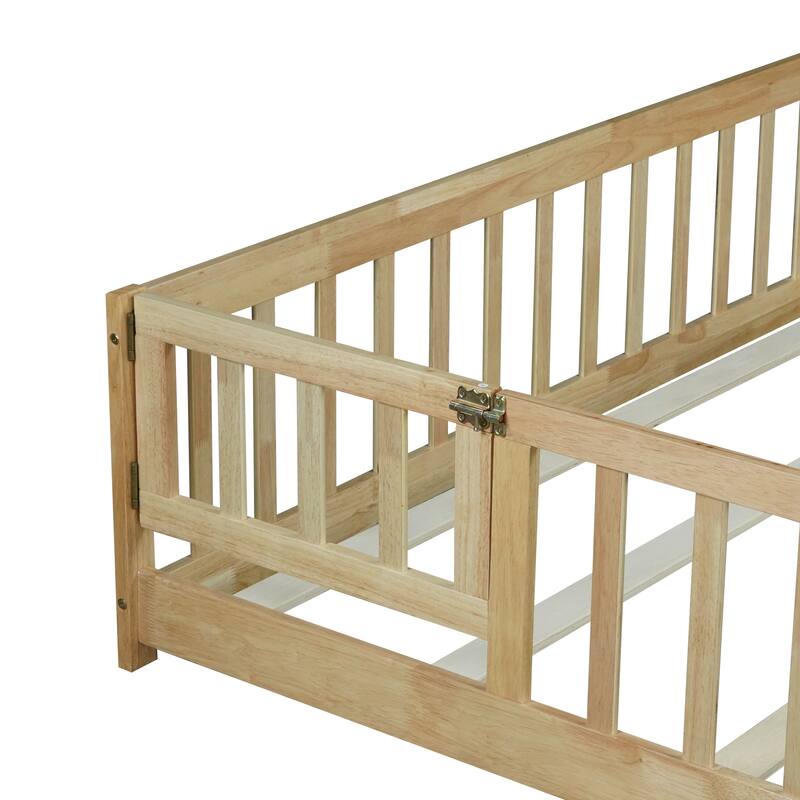 Roomfitters Queen Floor Bed with Surround Fence and Swing Door, Rubber Wood Platform with Guardrails and Slats, Natural